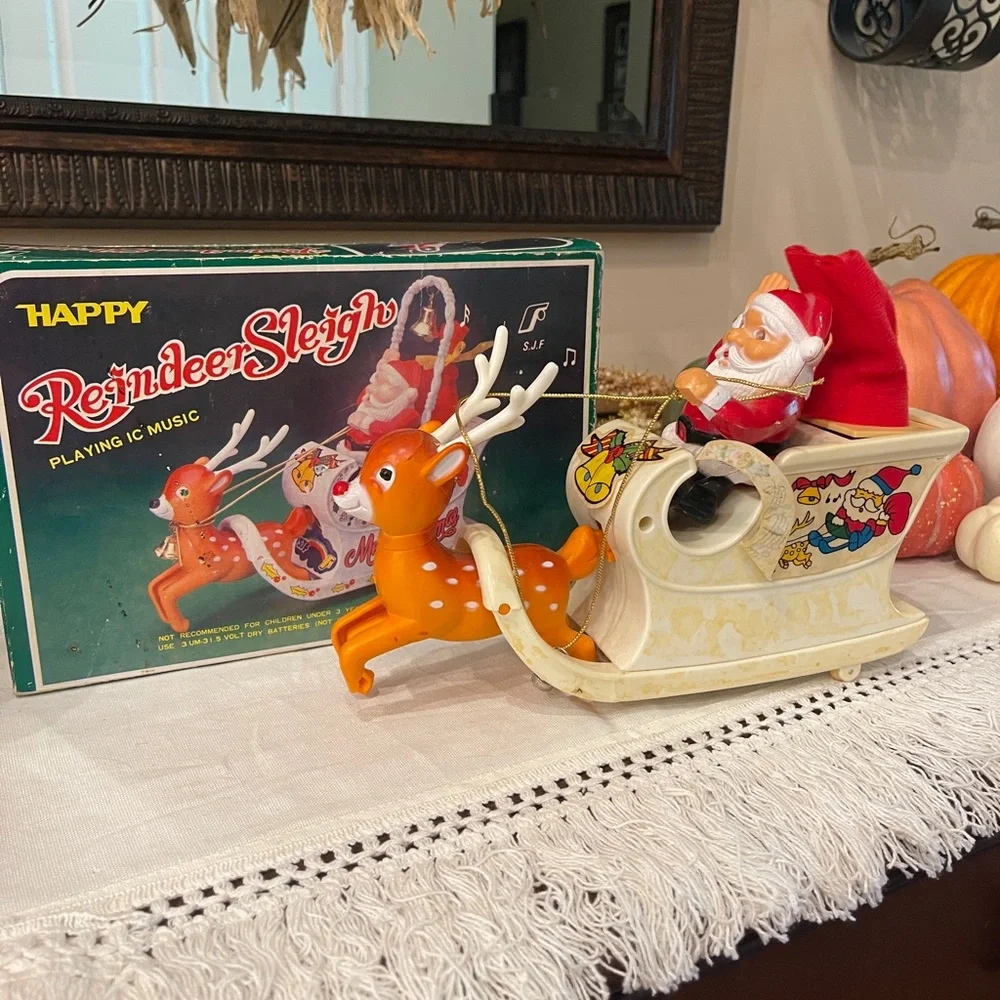 Vintage S.J.F. Happy Reindeer Sleigh Santa Christmas Musical Decoration